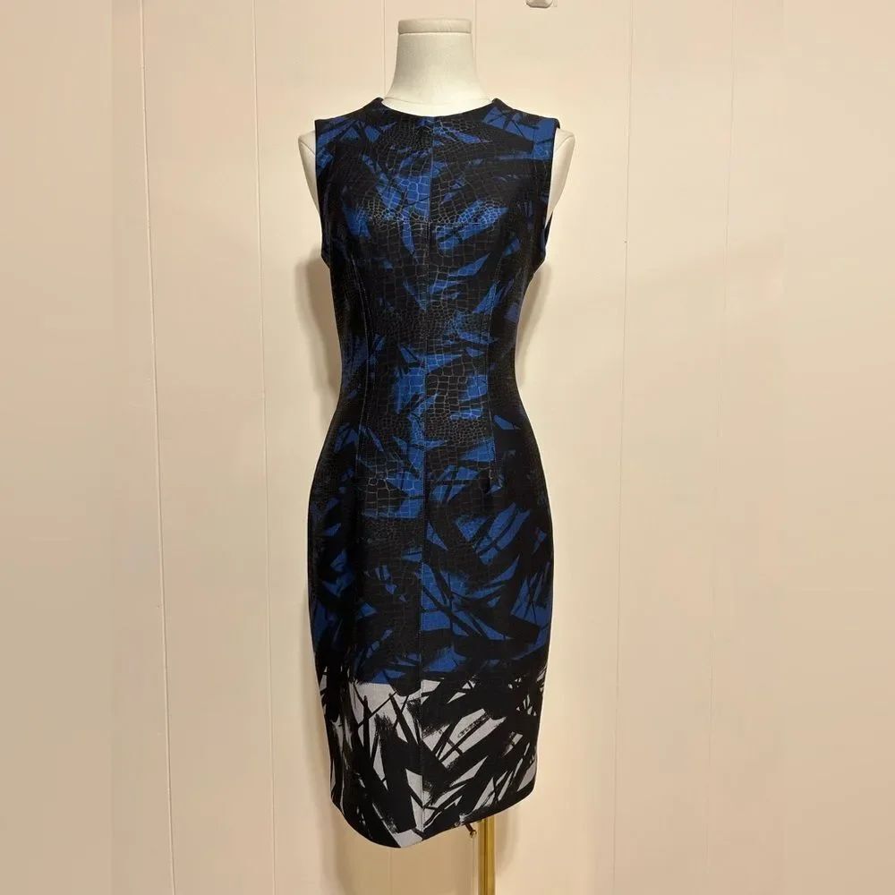 Yigal Azrouel Black and Blue Patterned scuba sheath Midi Dress size 6